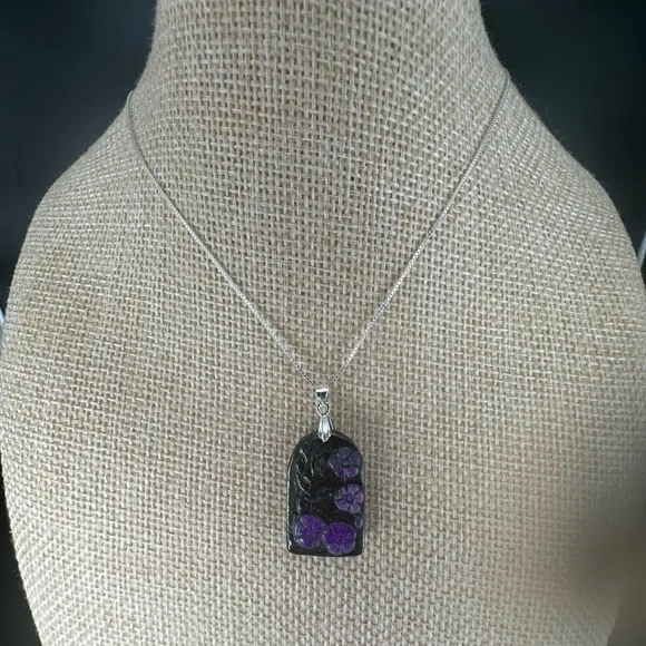 Arch Shaped Deer and Flowers Sugilite Pendant on Sterling Silver Box Chain - Picture 12 of 16